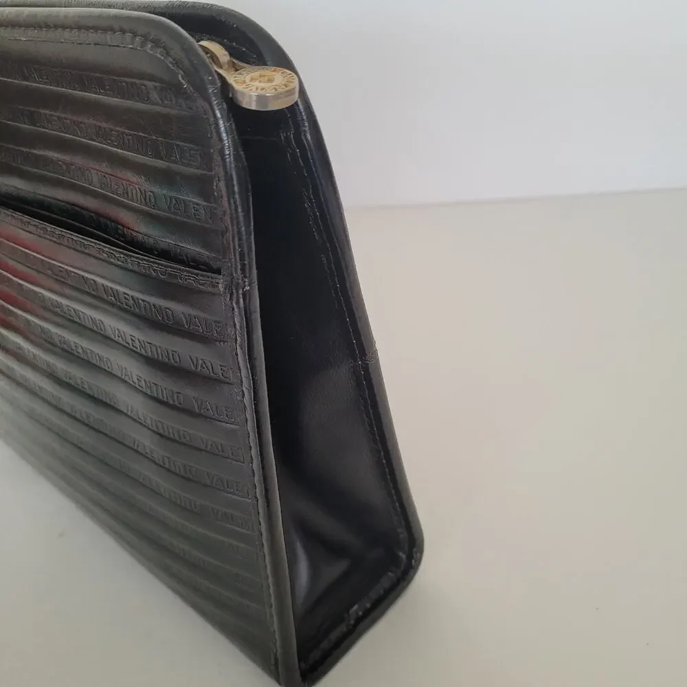 Mario Valentino Bag Clutch Handbag‎ Vintage Pouch Italian Black Zip Leather 10x7